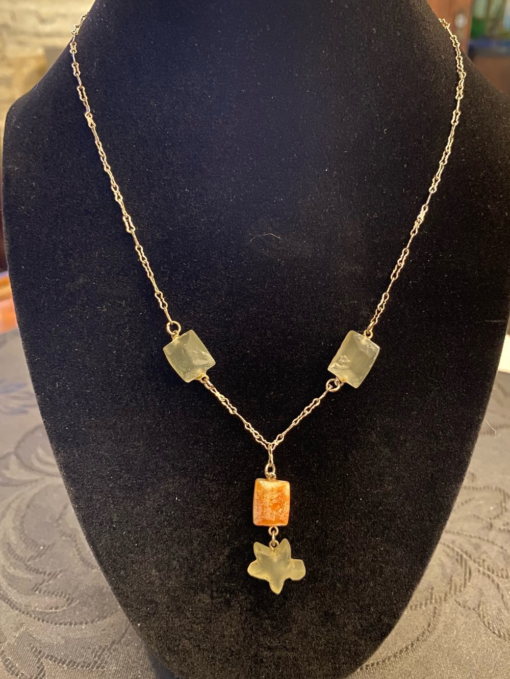 Handcrafted Green and Orange SeaGlass Pendant Necklace, Sterling Silver Chain